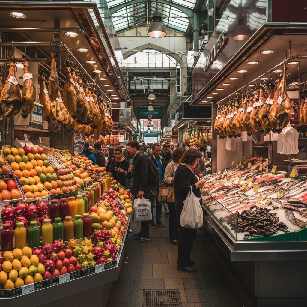 Colorful fruit stalls at La Boqueria market