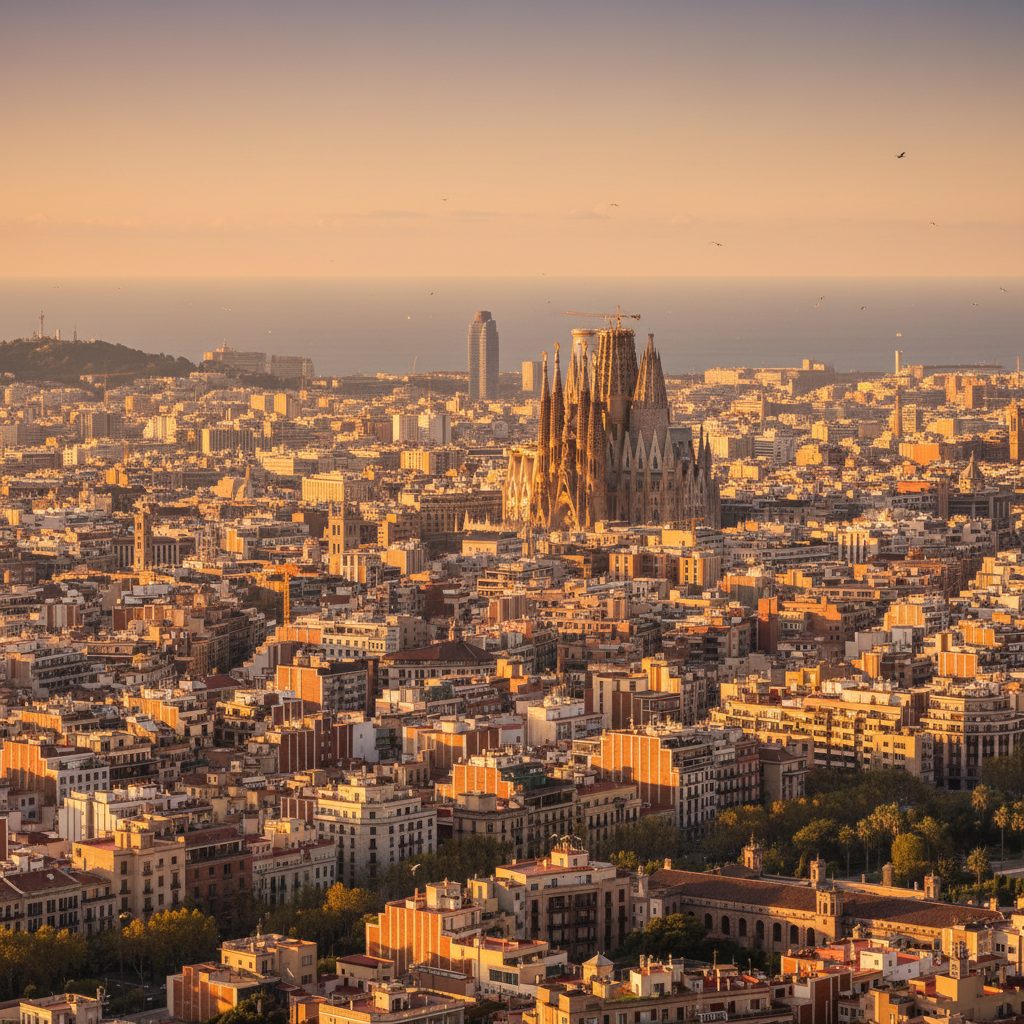 Barcelona skyline at golden hour
