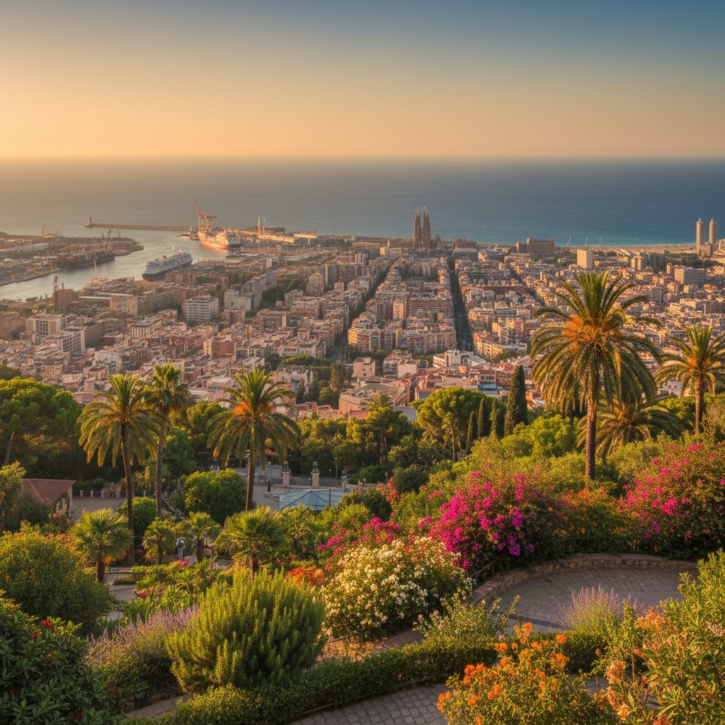 View from Montjuïc with gardens and city panorama