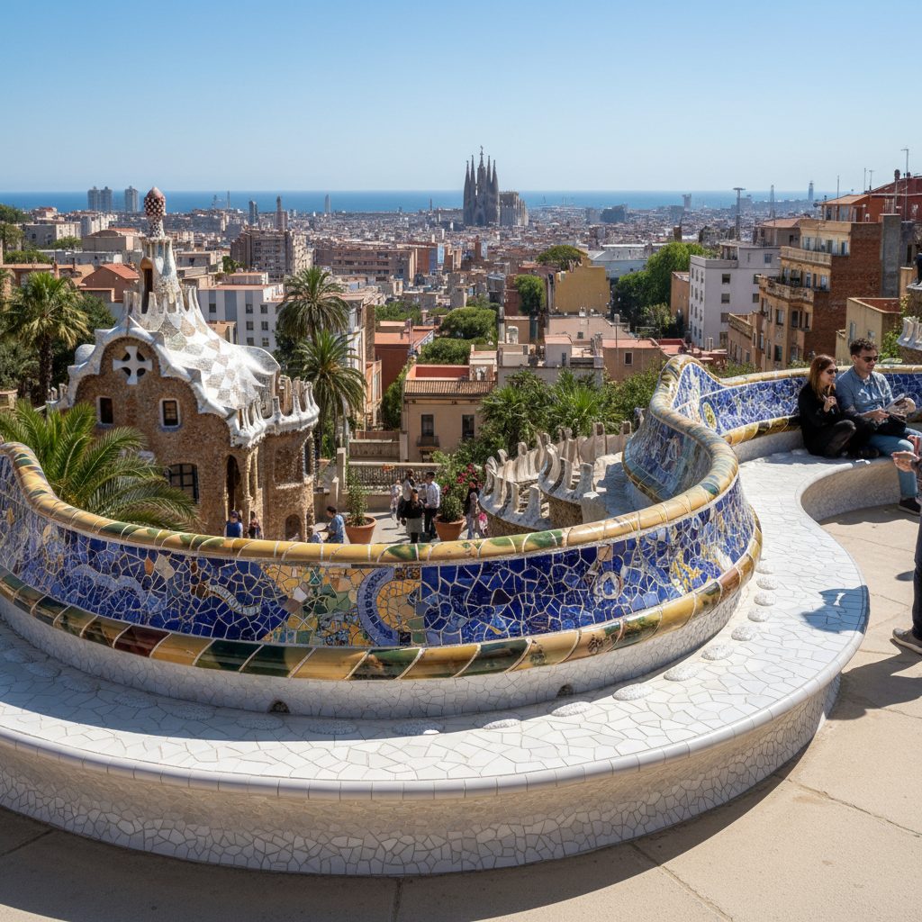 Park Güell mosaic terrace overlooking Barcelona