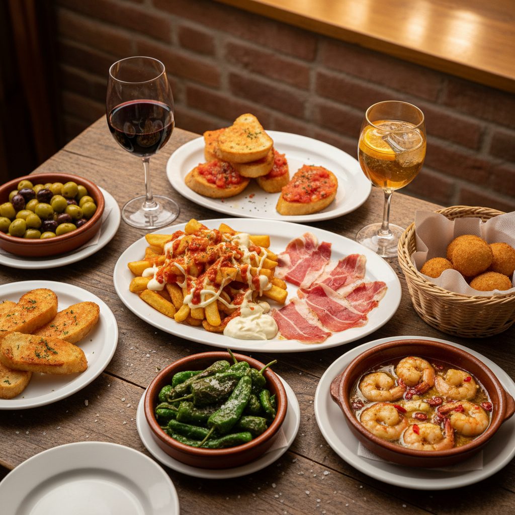 A spread of traditional Spanish tapas dishes