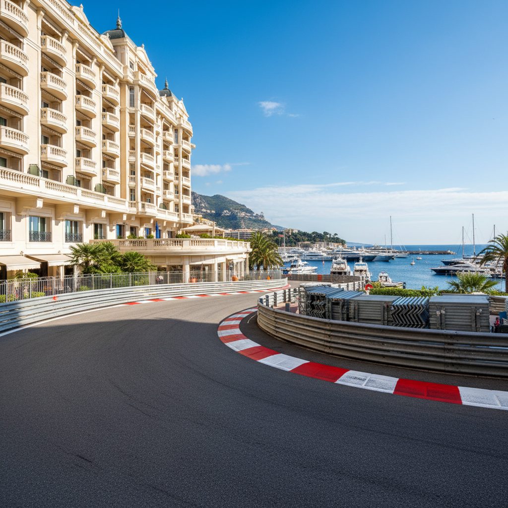 The Monaco Grand Prix street circuit with harbor views