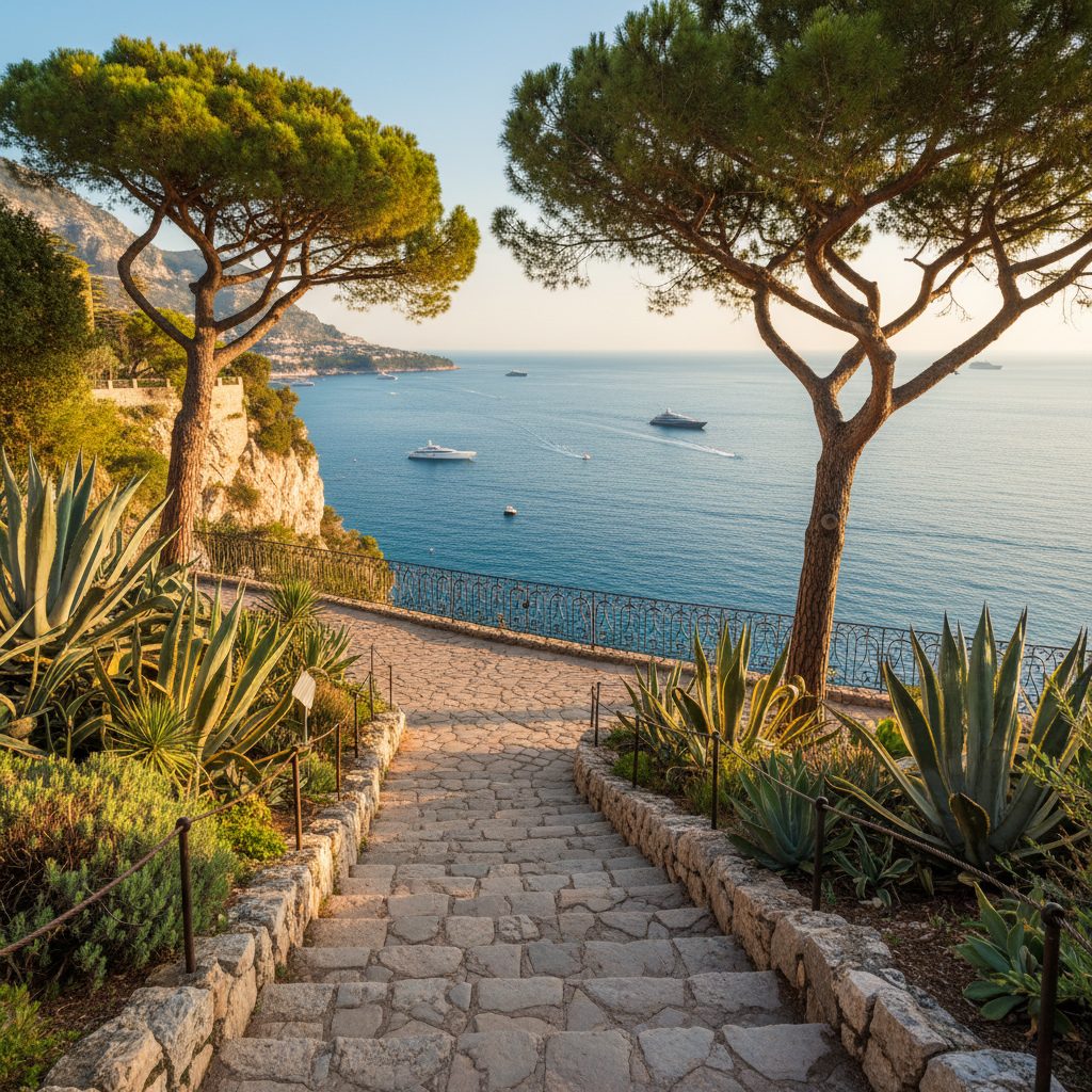 Cliffside gardens with Mediterranean views