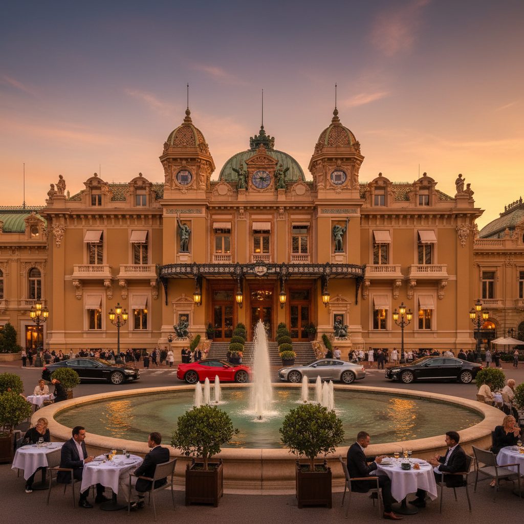 Monte Carlo Casino lit up at golden hour